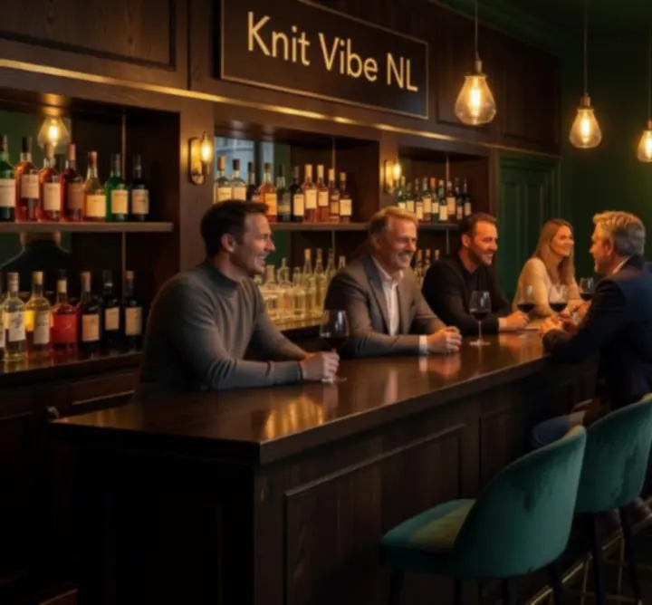 Warme barambiance met donker hout en amberkleurige verlichting bij Knit Vibe NL