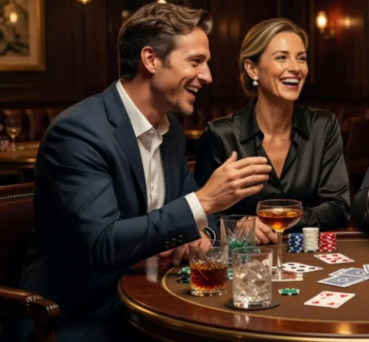 Vriendengroep rond een pokertafel met drankjes bij Knit Vibe NL