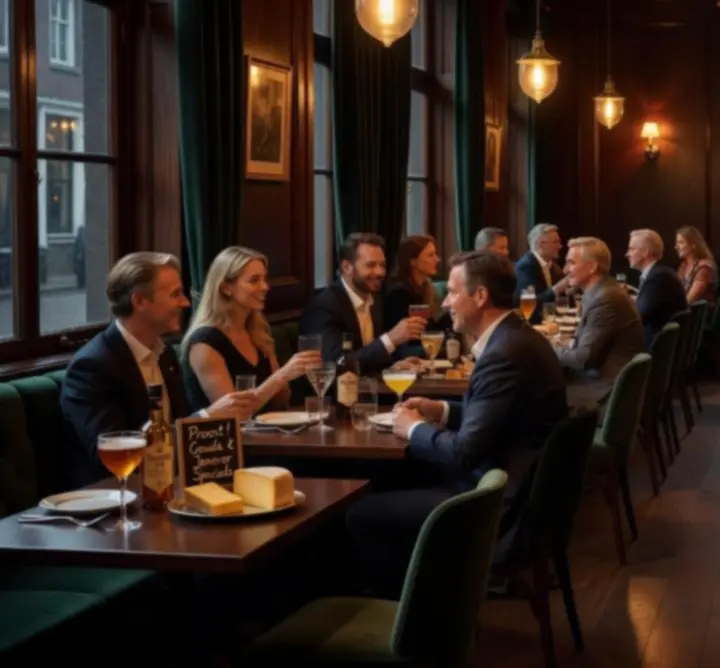 Sfeervolle baravond bij Knit Vibe NL met warme verlichting en volle tafels.