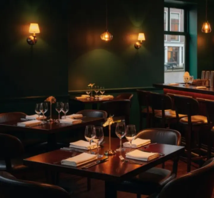 Stijlvol interieur van Knit Vibe NL met diepe groentinten en warme verlichting.