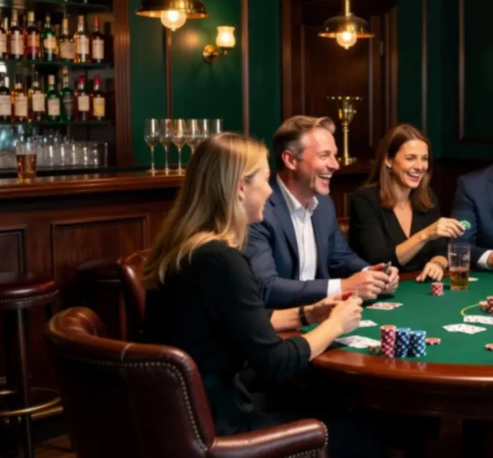 Sociale pokeravond bij Knit Vibe NL met gasten rond een pokertafel in een stijlvolle setting.