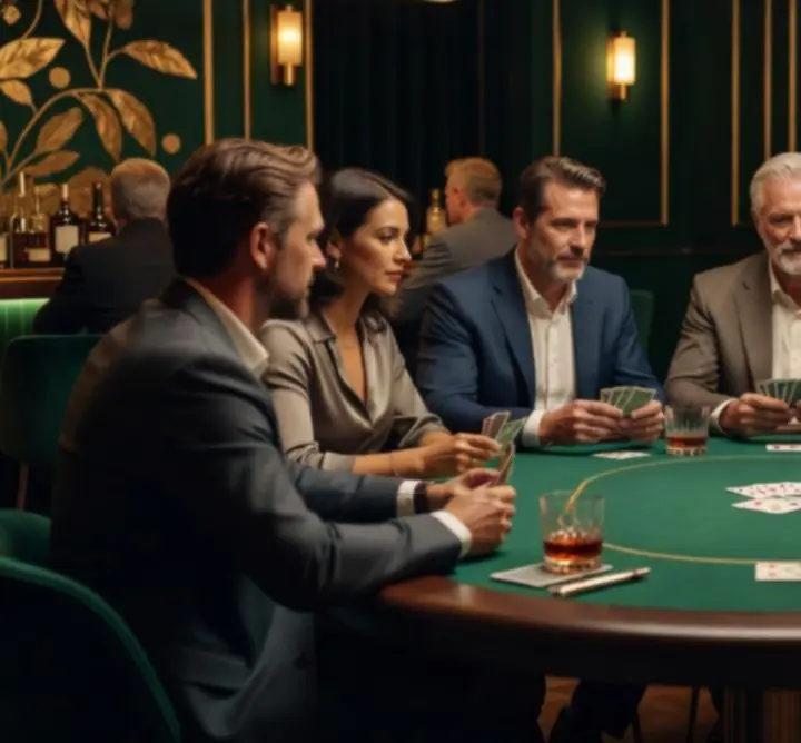Gasten die social poker spelen aan een stijlvol verlicht pokertafel bij Knit Vibe NL.
