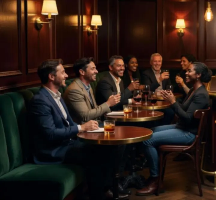 Gasten die genieten van de sfeer en drankjes bij Knit Vibe NL.