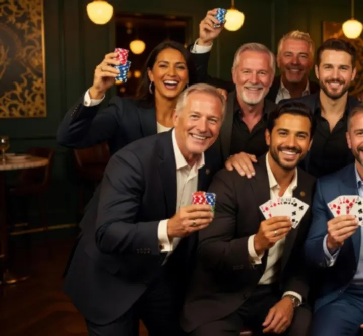 Groep winnaars en gasten die proosten na een pokeravond bij Knit Vibe NL.