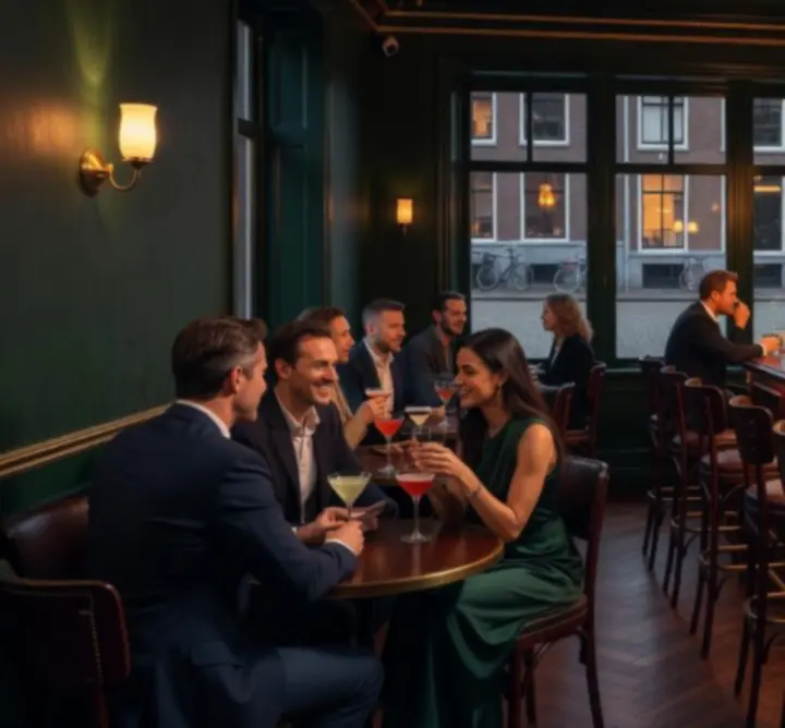 Sfeervol verlichte bar van Knit Vibe NL met diepe groentinten en warme amberverlichting.