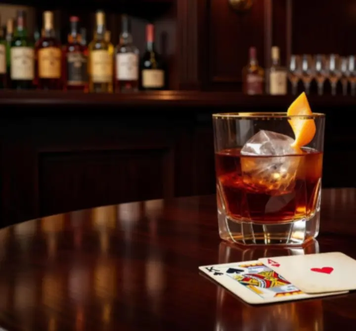 Cocktailglas naast een pokertafel in een warme, stijlvolle setting bij Knit Vibe NL.