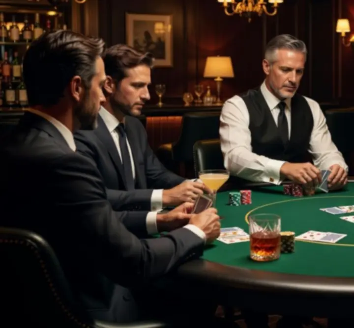Texas Hold’em pokertafel met kaarten en chips in een stijlvolle baromgeving